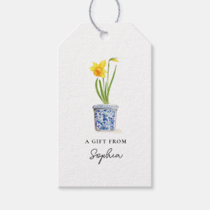 Étiquettes-cadeau Daffodique en pot bleu et blanc