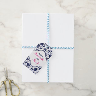 Étiquettes-cadeau Damas Florales Bleues Avec Arrière - plan Blanc