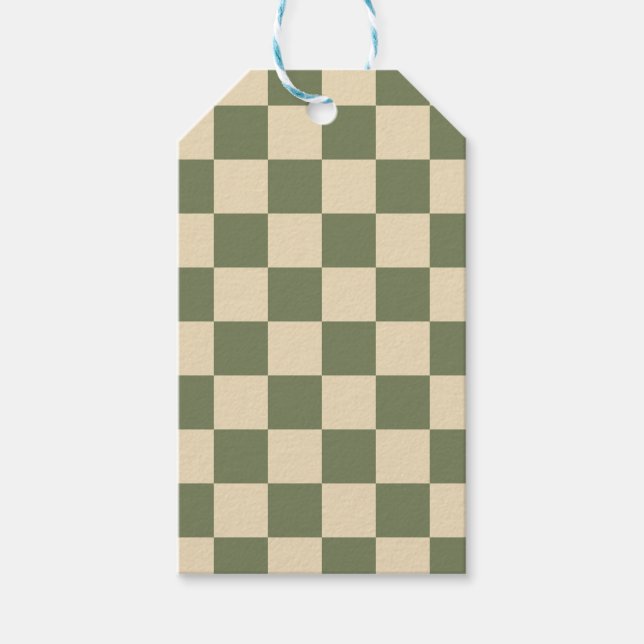 Étiquettes-cadeau Damier vert et beige clair (Devant)