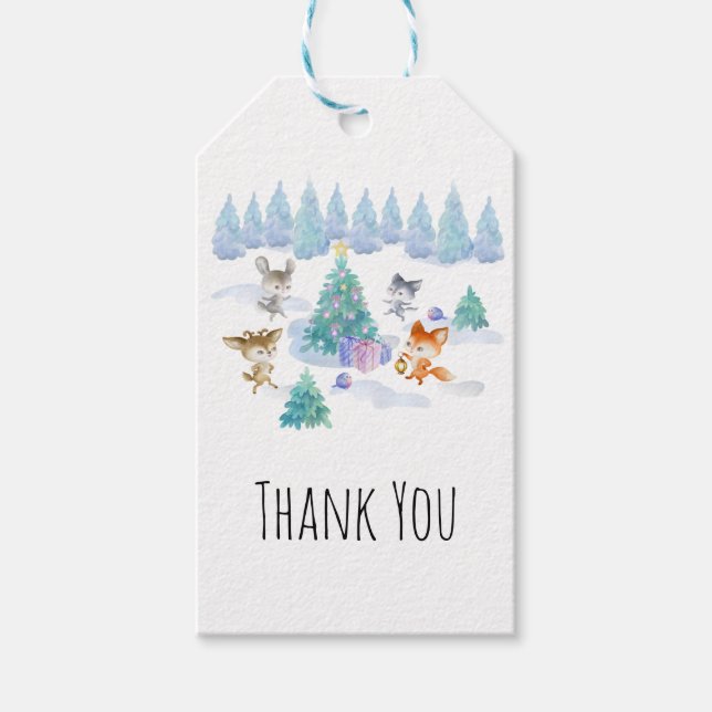 Étiquettes-cadeau Dancing Forest Animaux Merci de Noël (Devant)