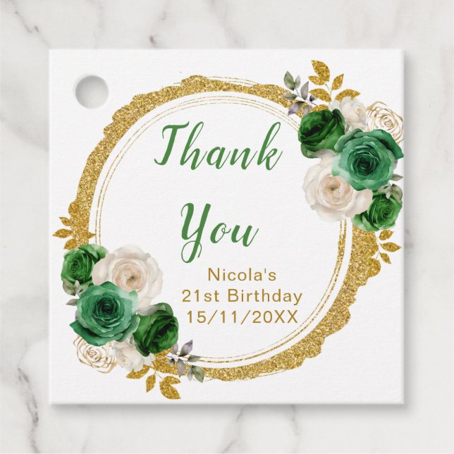 Étiquettes Cadeau Dark Green and Gold Elegant Flowers Birthday Party (Devant)