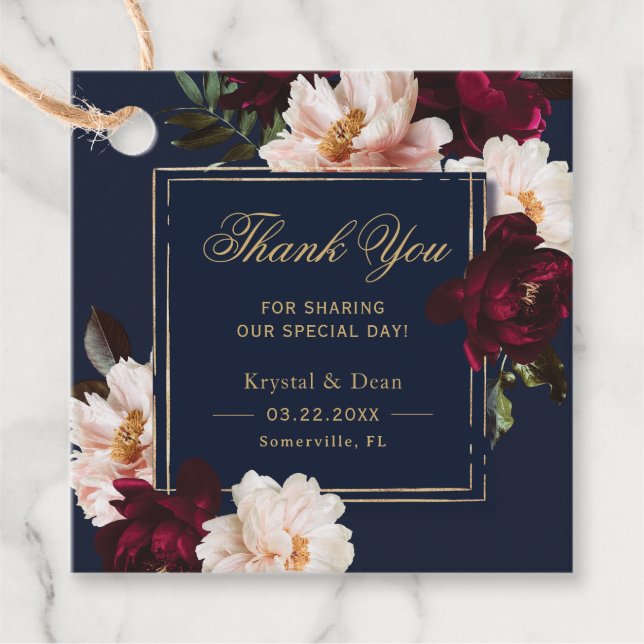 Étiquettes Cadeau Dark Moody Burgundy Blush Navy Blue Floral Mariage (Devant)