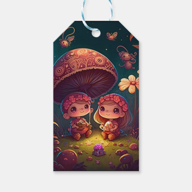 Étiquettes-cadeau De beaux elfes mignons jouent sous les champignons (Devant)