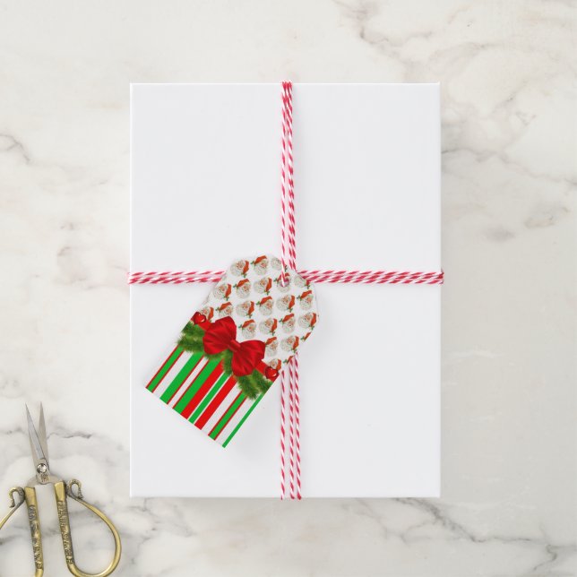 Étiquettes Cadeau de Noël Père Noël Rayure (Avec de la ficelle)