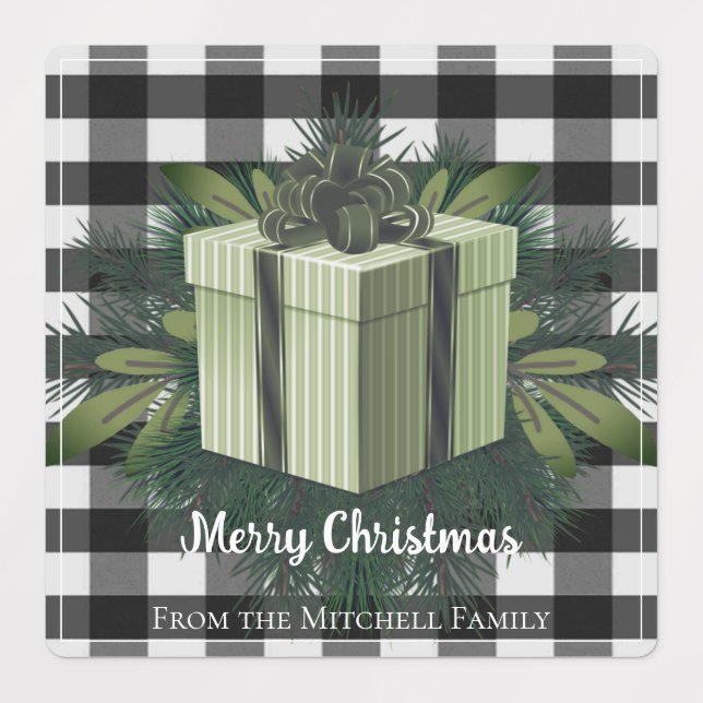 Étiquettes Cadeau de Noël Plaid Buffalo | Vacances vertes (Design 1)