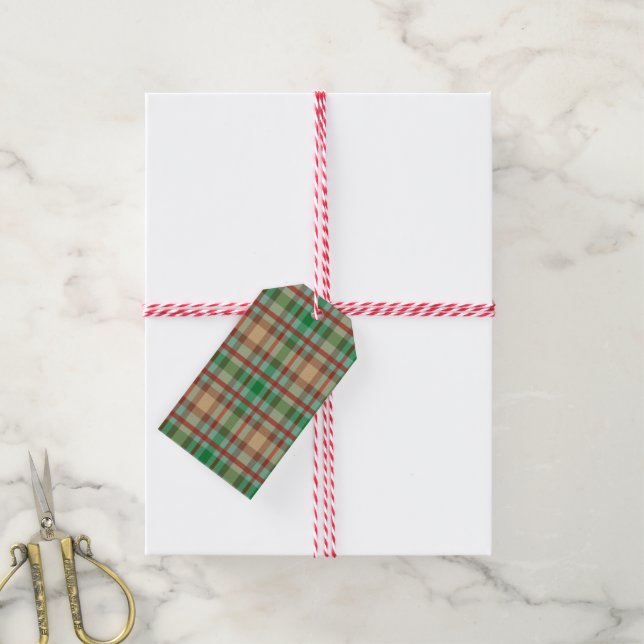 Étiquettes Cadeau de Noël Vert et Rouge Plaid (Avec de la ficelle)