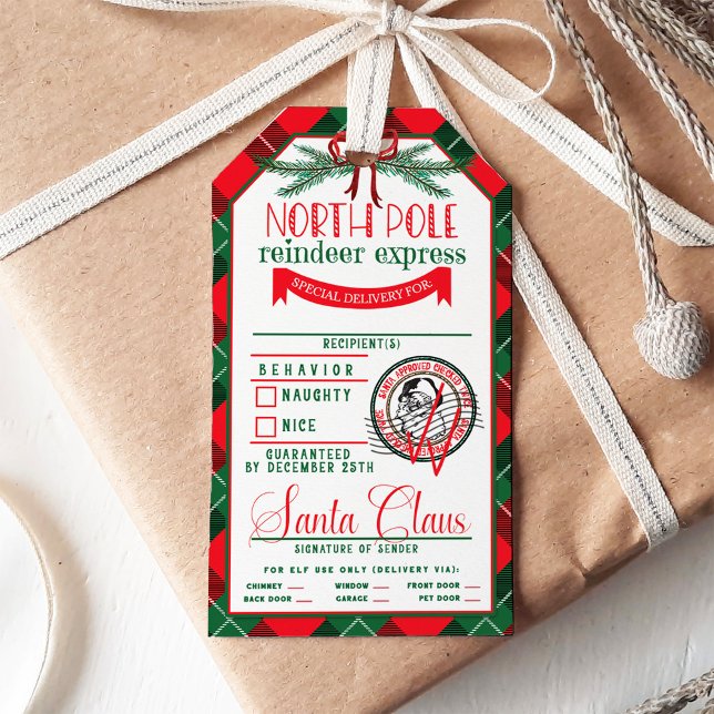 Étiquettes-cadeau De Santa Claus Rouge & Vert Tartan Noël (Créateur téléchargé)