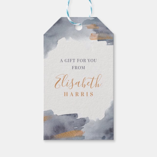 Étiquettes-cadeau Dégradé aquarelle bleu et or (Devant)