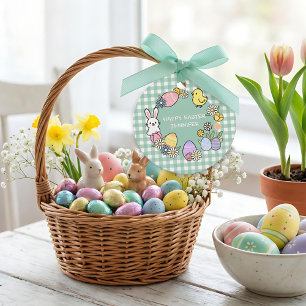 Étiquettes Cadeau Déjeuner de Pâques & Chasse aux œufs Gingham Vert