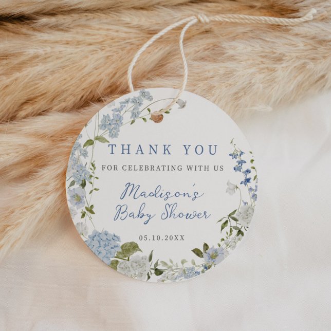 Étiquettes Cadeau Délicat Baby shower Floral Bleu (Créateur téléchargé)