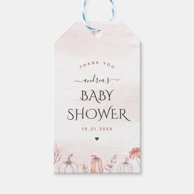 Étiquettes-cadeau Délicat Citrouille de chute rose douce Baby shower (Devant)