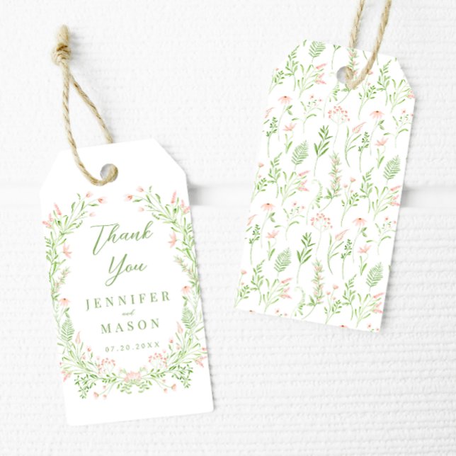 Étiquettes-cadeau Délicat mariage de fleur sauvage vert rose merci (Créateur téléchargé)
