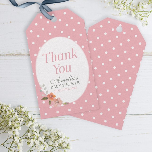 Étiquettes-cadeau Délicat Polka rose floral Merci (Créateur téléchargé)
