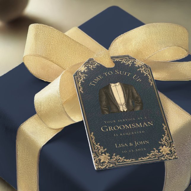 Étiquettes-cadeau Demande de Garçon d'Honneur Bleu Or Rétro C'est l' (Créateur téléchargé)