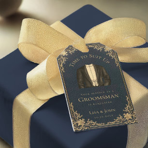 Étiquettes-cadeau Demande de témoin de mariage Bleu Or Rétro Il est