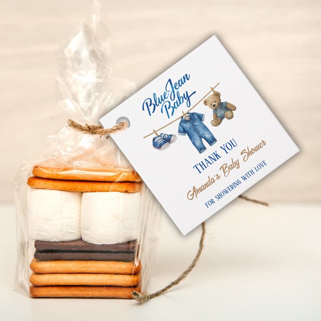 Étiquettes Cadeau Denim Bear Clothesline Boy Blue Jean Baby shower (Créateur téléchargé)