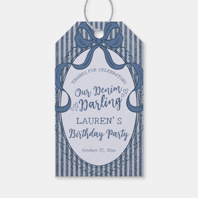 Étiquettes-cadeau Denim Coquette Bow Blue Jean Baby Birthday Favors (Devant)