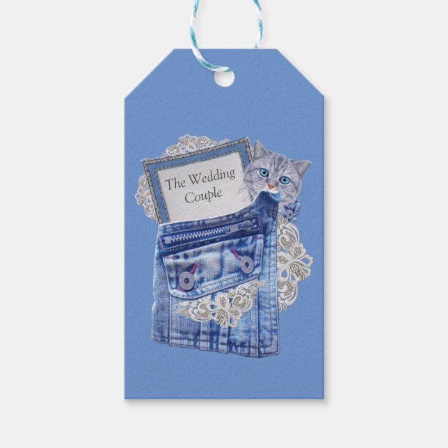 Étiquettes-cadeau Denim Jean poches, chatons et dentelle (Devant)