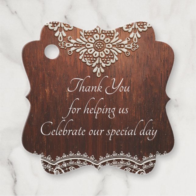 Étiquettes Cadeau Dentelle Blanche & Bois Rustique Grainé (Devant)