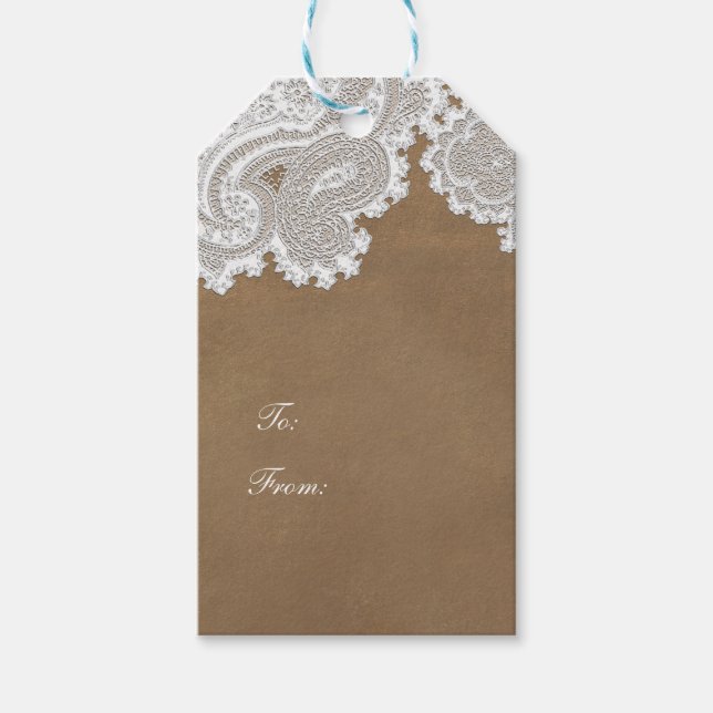 Étiquettes-cadeau Dentelle blanche et Brown Rustic Chic Elegance Par (Devant)