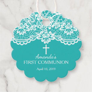 Étiquettes Cadeau Dentelle bleu turquoise moderne Première communion