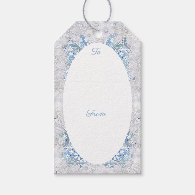 Étiquettes-cadeau Dentelle en céramique bleu & flocon de neige (Devant)