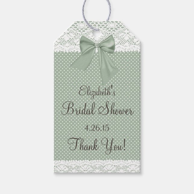 Étiquettes-cadeau Dentelle et Sage Green Bow Fête des mariées Invité (Devant)