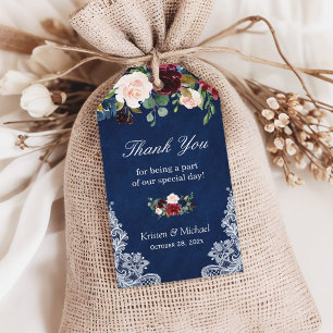 Étiquettes-cadeau Dentelle florale de Bourgogne Marine Merci Mariage