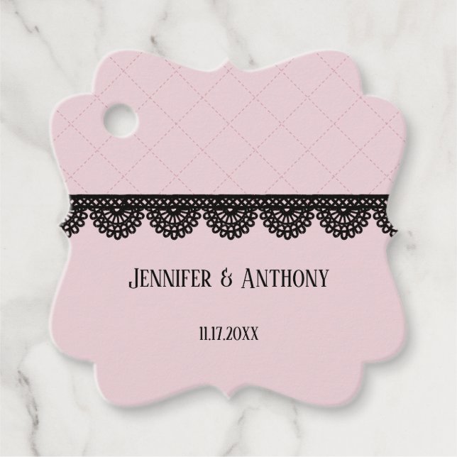 Étiquettes Cadeau Dentelle noire sur Soft Pink Mariage personnalisé (Devant)