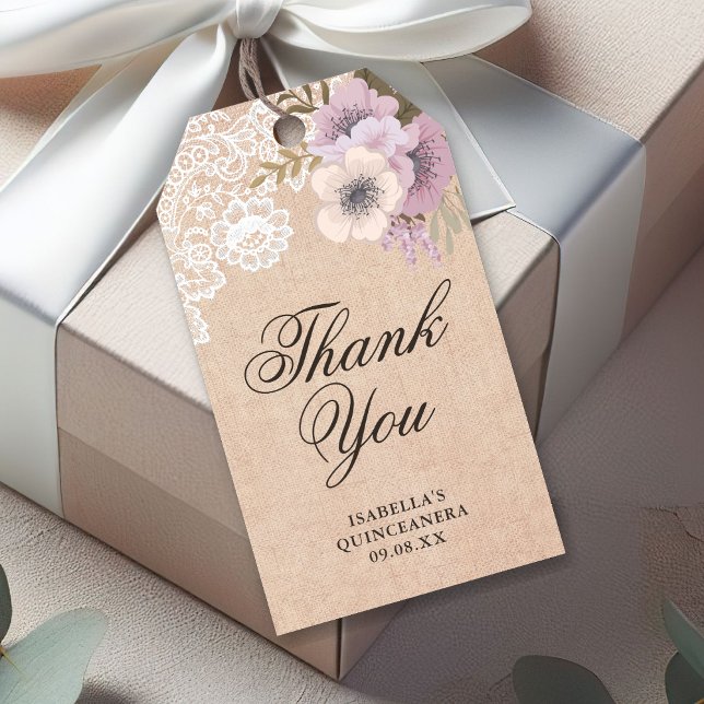 Étiquettes-cadeau Dentelle Rustique Burlap Rose Merci Floral (Créateur téléchargé)