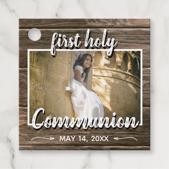 Étiquettes Cadeau Dentelle rustique en bois Première sainte communio (Devant)