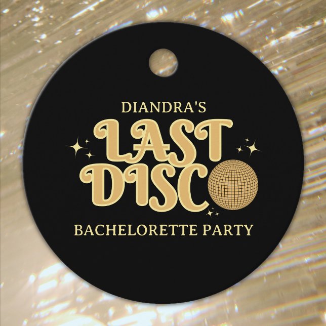 Étiquettes Cadeau Dernier Disco Retro Black and Gold les années 70 B (last disco retro 70s golden bachelorette party favor tag)