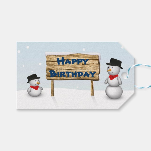 Étiquettes-cadeau Des Snowmen mignons souhaitant un joyeux anniversa (Devant (Horizontal))