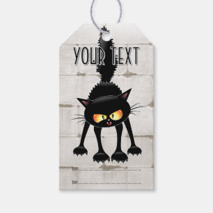 Étiquettes-cadeau Dessin animé de chat noir drôle et féroce