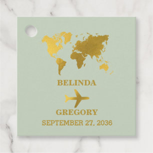 Étiquettes Cadeau Destination Mariage Monde Passport Sage Vert Or