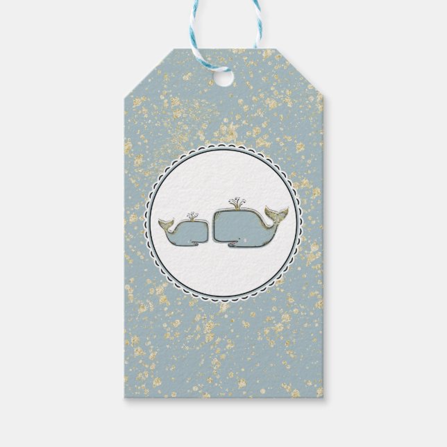 Étiquettes-cadeau Deux baleines de mer Baby shower Boutique Blue & G (Devant)
