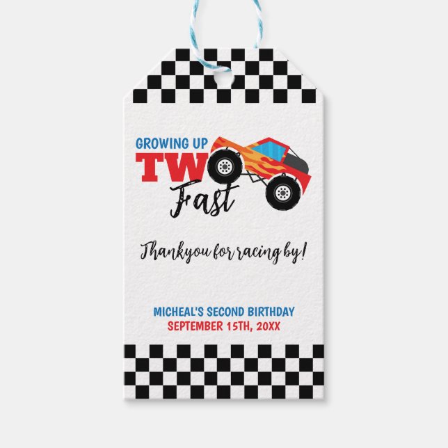 Étiquettes-cadeau Deux Camion Monster Rapide 2e anniversaire Thankyo (Devant)