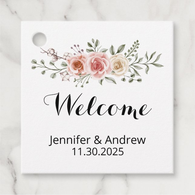 Étiquettes Cadeau Deux Coeurs Un Amour Crème rose Roses Bienvenue (Devant)