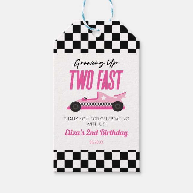 Étiquettes-cadeau Deux Fast Pink Race Car 2e fête d'anniversaire (Devant)