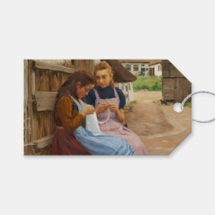 Étiquettes-cadeau Deux Filles avec Needlework assis dans une ferme