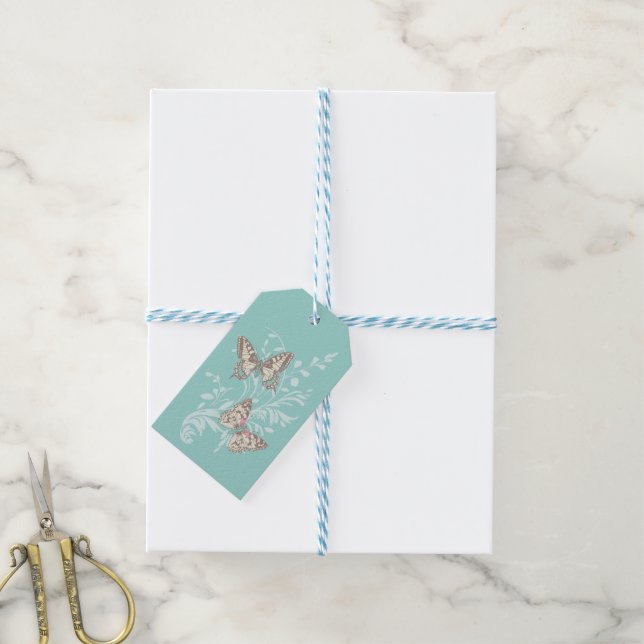 Étiquettes-cadeau Deux papillons dessinant aqua turquoise mariage ét (Avec de laficelle)