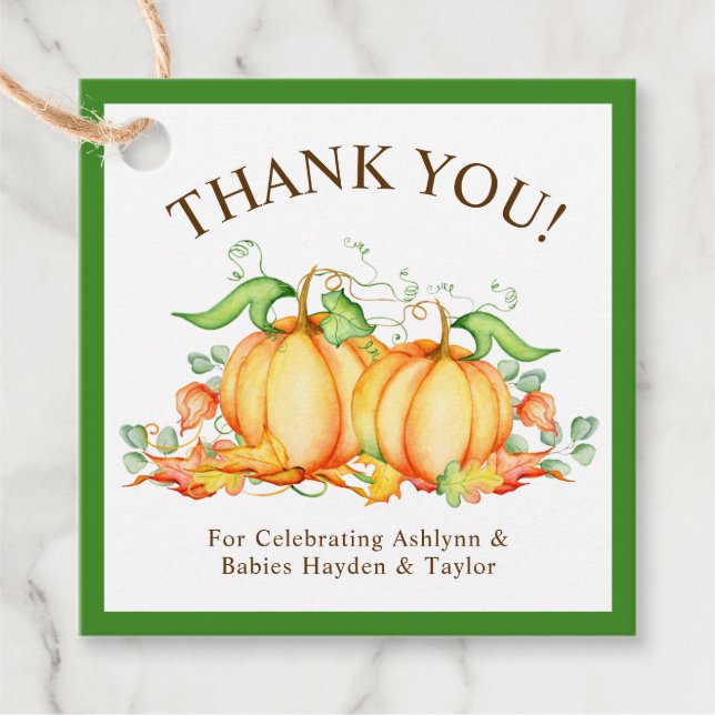 Étiquettes Cadeau Deux petits Baby showers jumeaux Citrouille Merci (Devant)