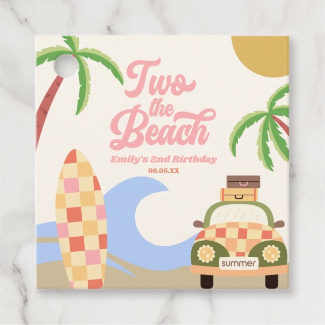 Étiquettes Cadeau Deux The Beach Surf Board Rose 2e fête d'anniversa (Devant)