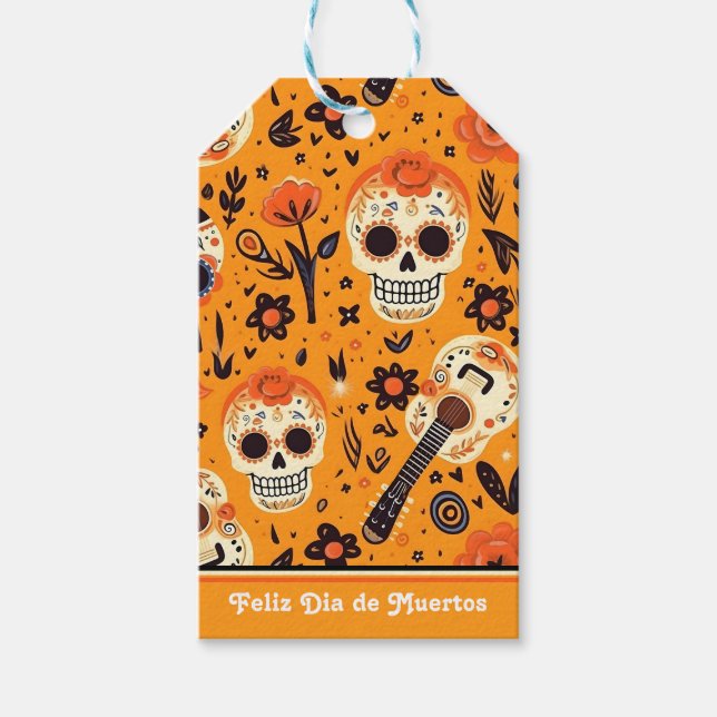 Étiquettes-cadeau Dia de Muertos, guitares et crânes de sucre orange (Devant)
