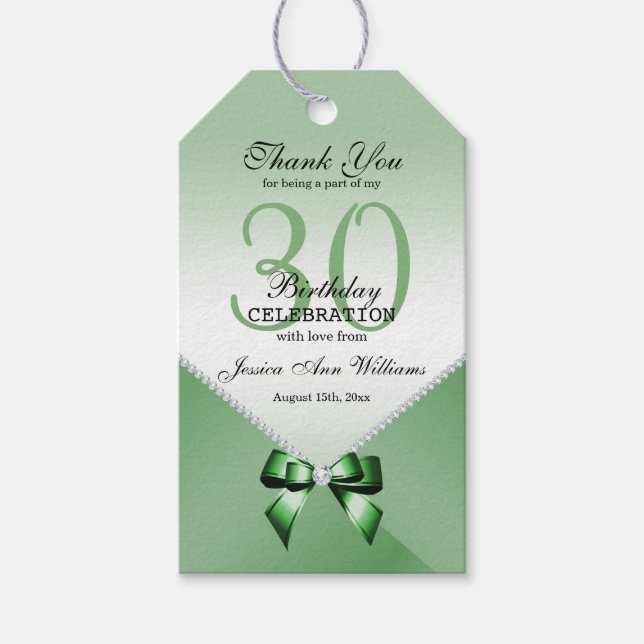Étiquettes-cadeau Diamants romantiques et Bow d'émeraude 30e anniver (Devant)