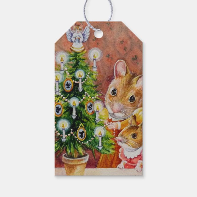 Étiquettes-cadeau Dickens Christmas Tree Trimming Souris Art (Devant)