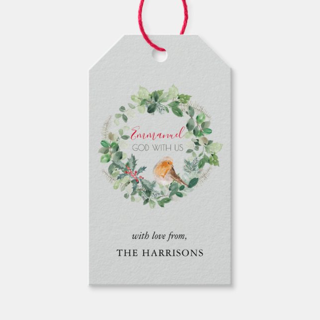 Étiquettes-cadeau Dieu Chrétien Avec Nous Couronne De Noël Élégante (Devant)