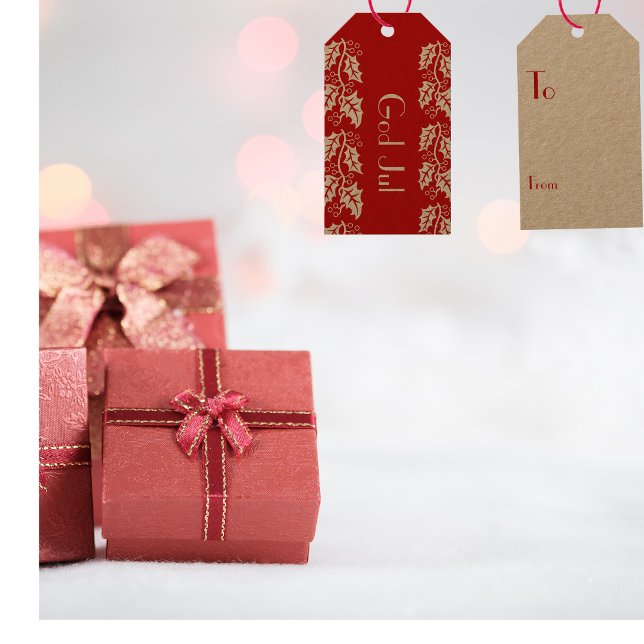 Étiquettes-cadeau Dieu Jul hollies en rouge - (Créateur téléchargé)