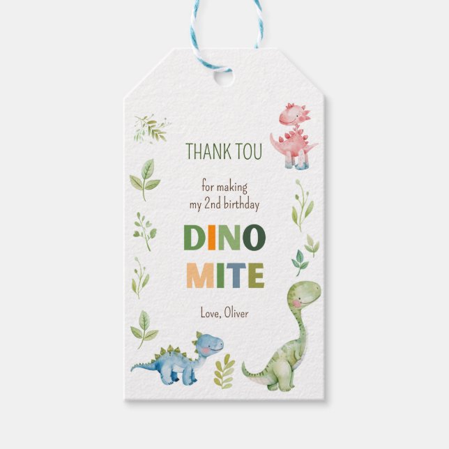 Étiquettes-cadeau Dino-mite d'anniversaire vert (Devant)