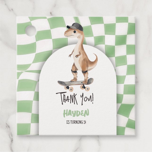 Étiquettes Cadeau Dinosaur Anniversaire Retro T Rex À damiers (Devant)